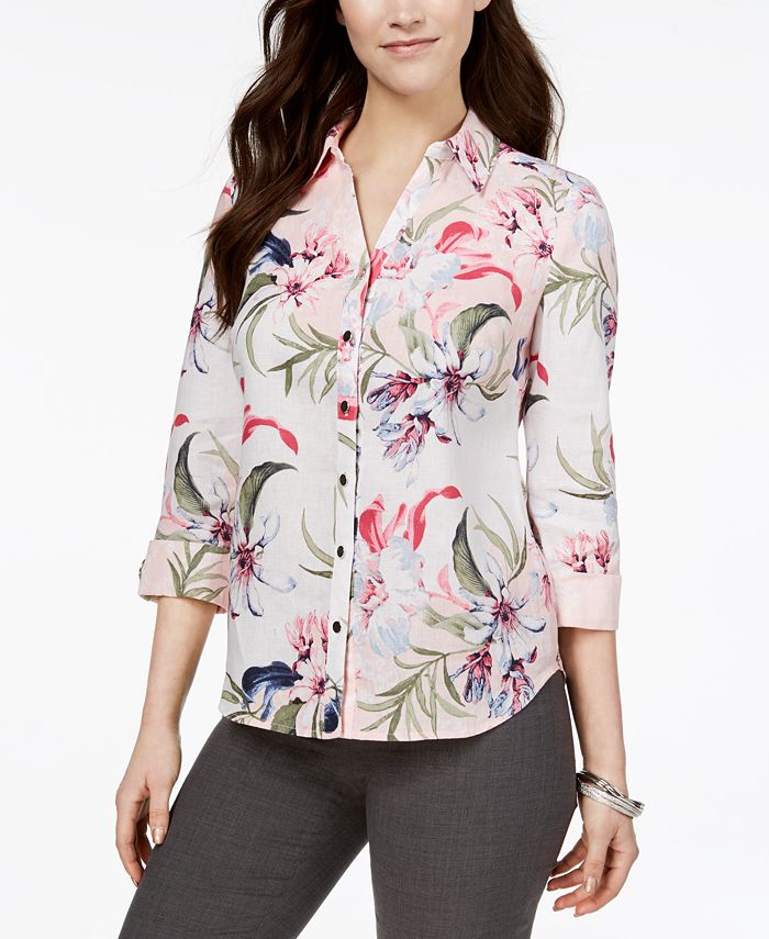 JM Collection Linen Printed Roll-Tab Shirt, Created for Macy's ...