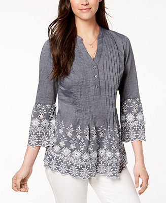 Style & Co Petite Chambray Eyelet Top, Created for Macy's - Macy's
