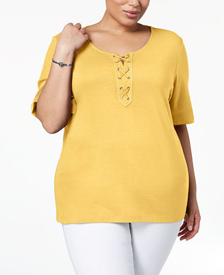Karen Scott Plus Size Cotton Lace-Up Top, Created for Macy's - Macy's