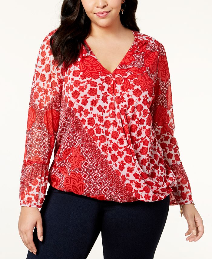 Inc International Concepts Womens Floral Print Surplice Top Red Size Pl