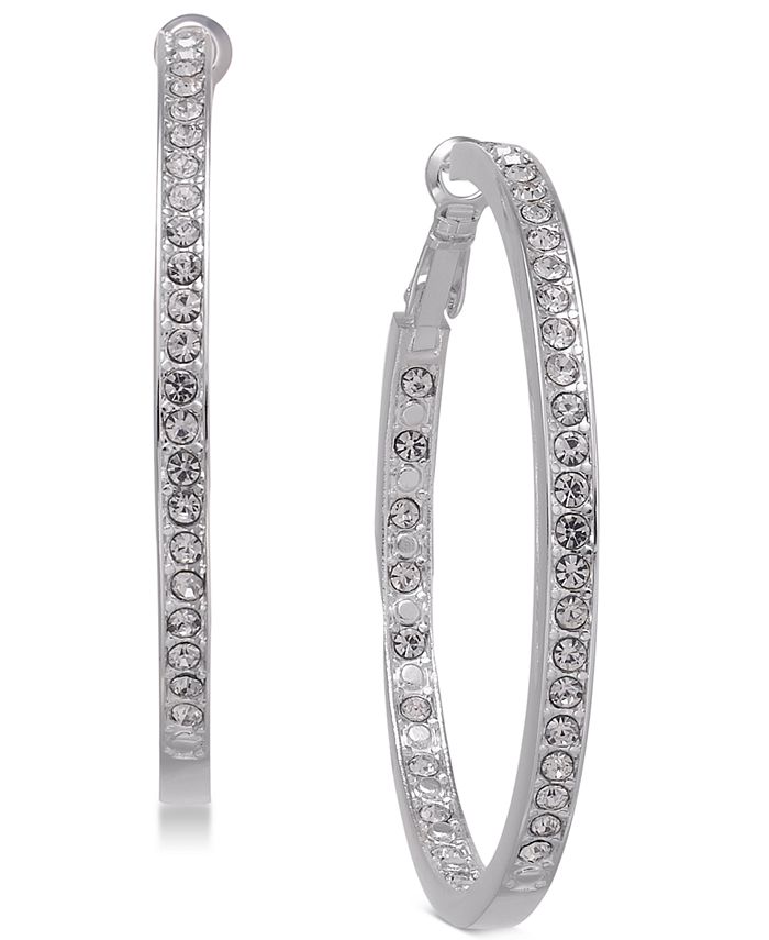 Essentials Large Silver Plated Crystal Inside Out Hoop Earrings - Macy's