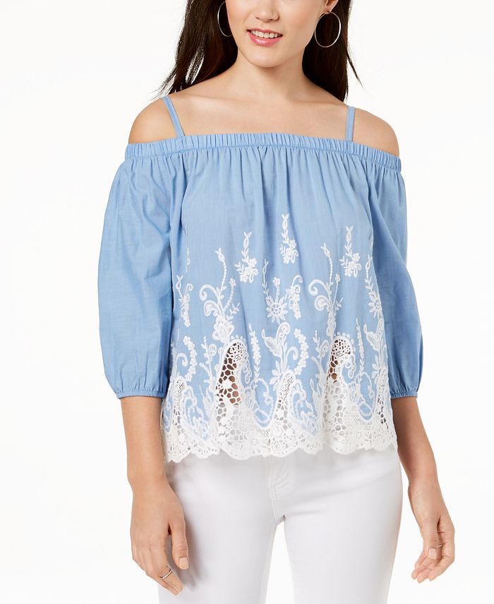 BCX Juniors' Embroidered Chambray Off-The-Shoulder Blouse - Macy's