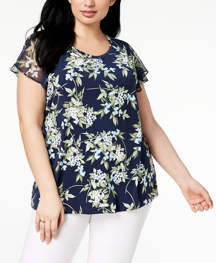 Charter Club Plus Size Printed Flutter-Sleeve Top, Created for Macy's ...