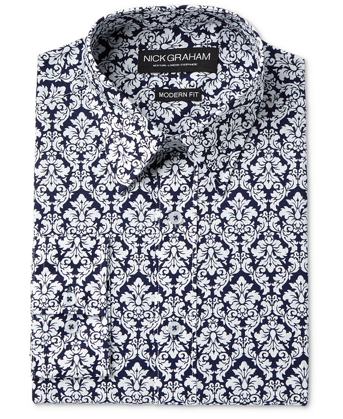 Nick Graham Men's Modern Fitted Navy & Red Floral Print Dress Shirt