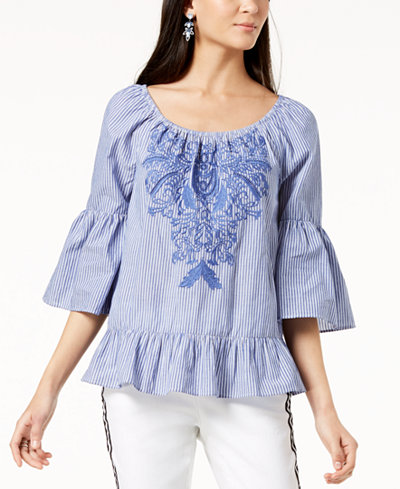 I.N.C. Cotton Embroidered Peasant Top, Created for Macy's