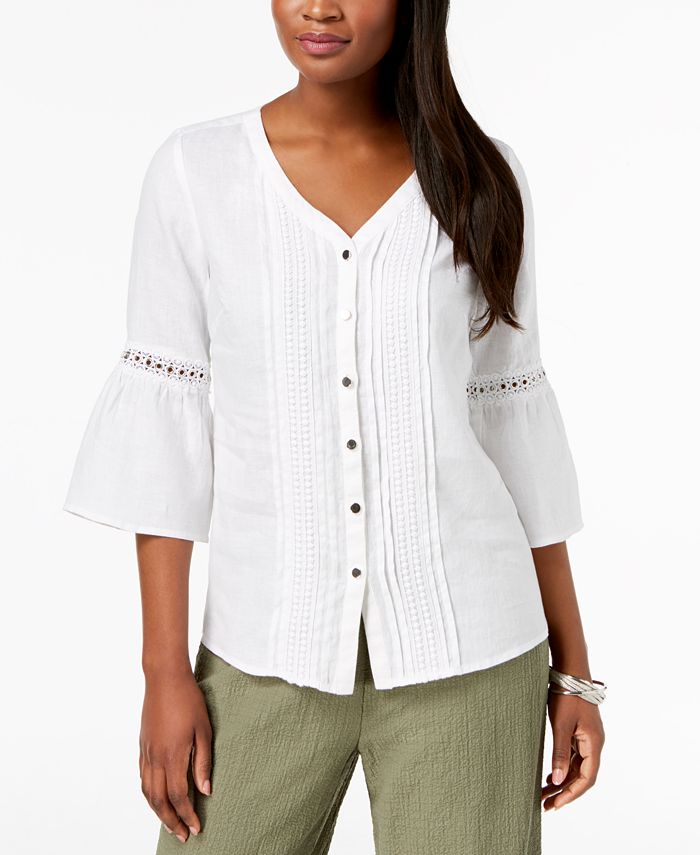 JM Collection Linen Crochet-Trim Bell-Sleeve Blouse, Created for Macy's ...