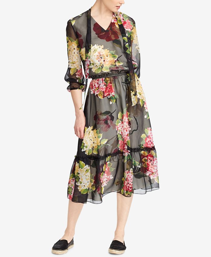 Lauren Ralph Lauren Floral-Print Tie-Neck Dress - Macy's