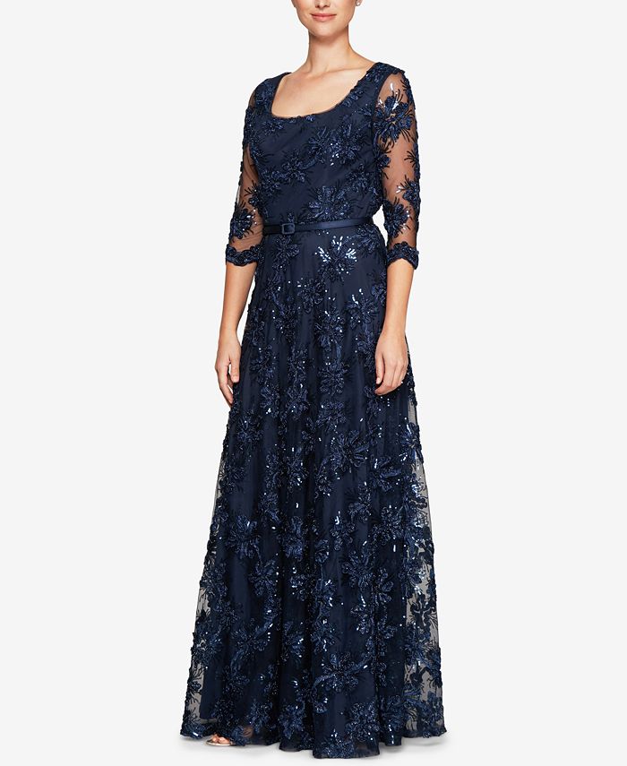 Alex Evenings Petite Belted Sequined-Flower Gown - Macy's