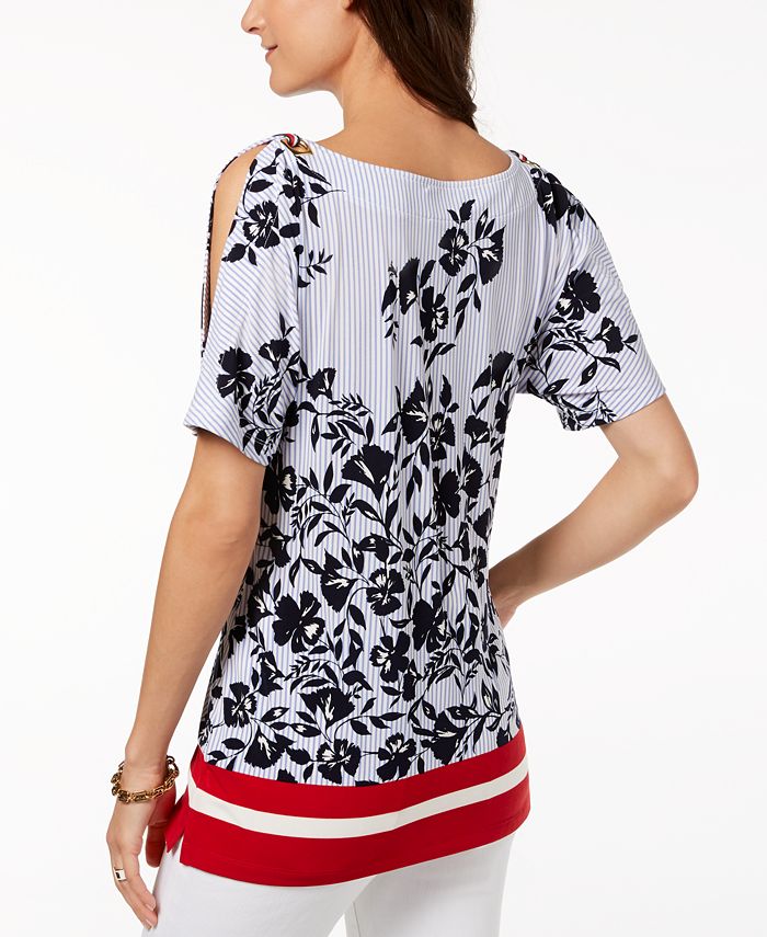 Tommy Hilfiger Mixed-Print Cutout-Sleeve Top, Created for Macy's - Macy's