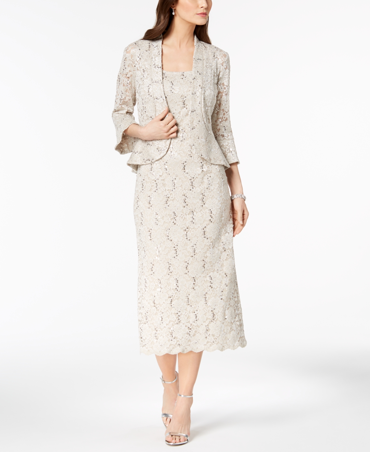 Sequined Lace Midi Dress and Jacket - Champagne