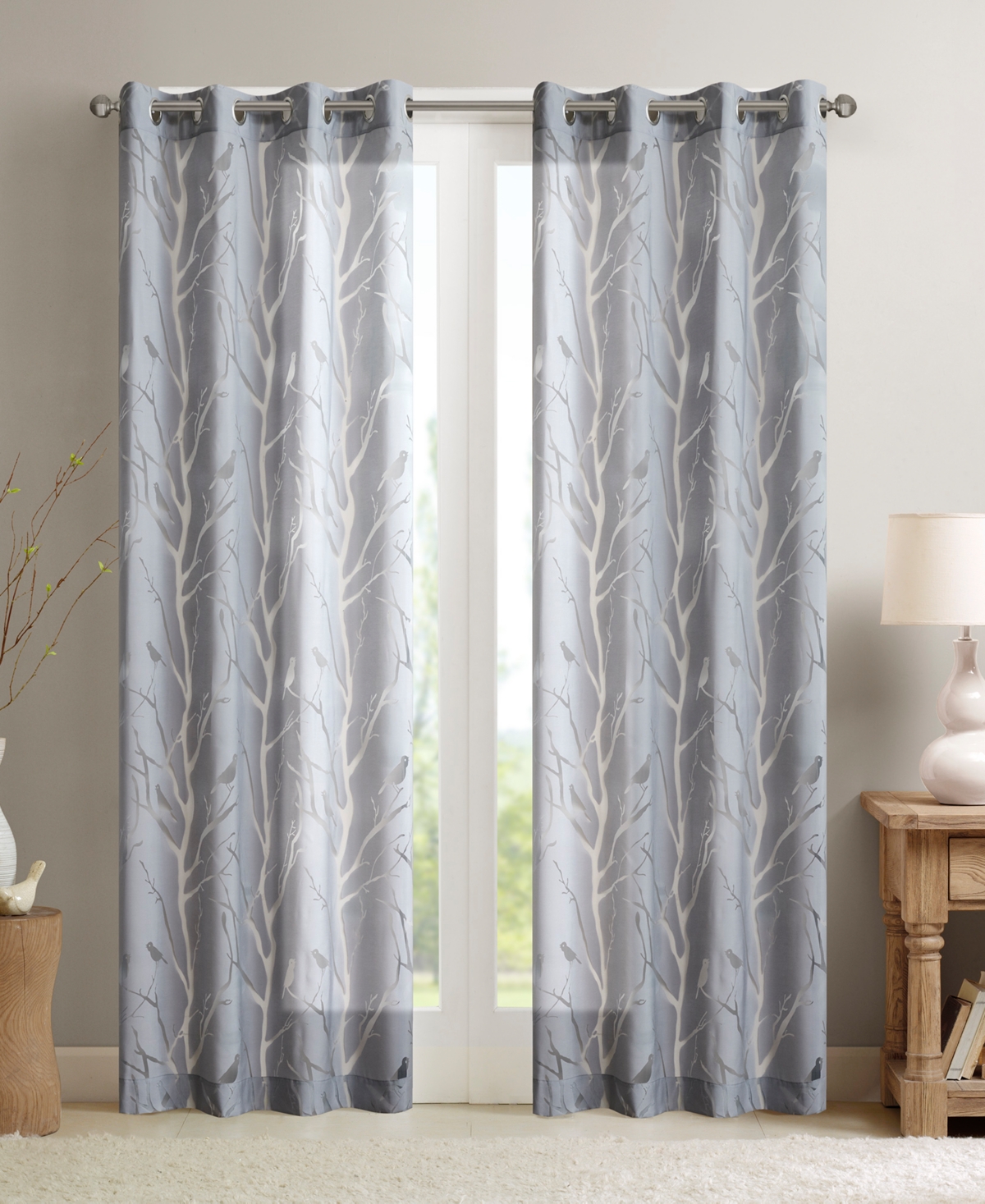Averil Grommet Top Sheer Bird on Branches Burnout Window Curtain, 50"W x 63"L - Grey