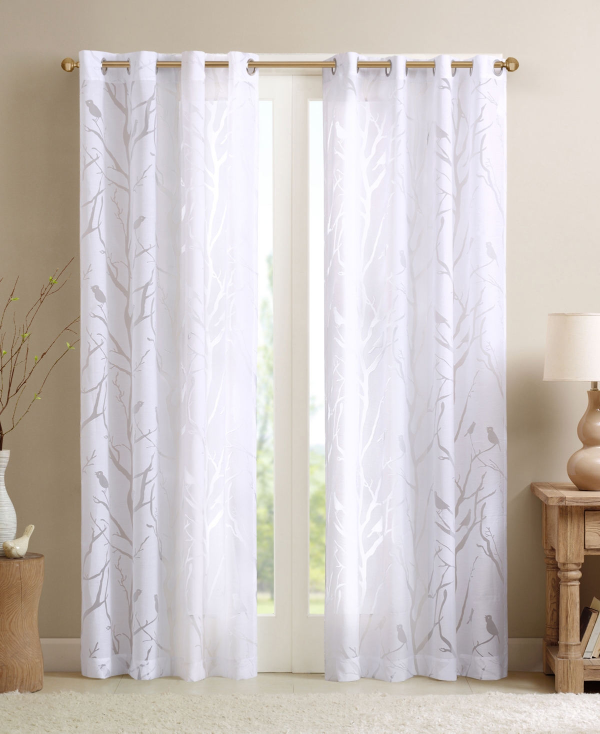 Averil Grommet Top Sheer Bird on Branches Burnout Window Curtain, 50"W x 63"L - Grey