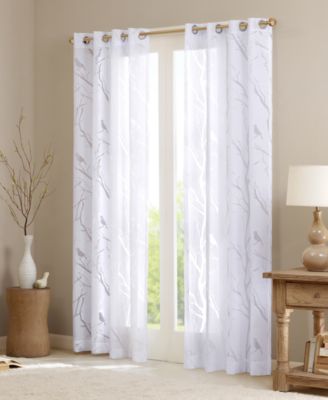 Averil Grommet Top Sheer Window Curtain, grey sheer curtains 95 inches long Single Curtain, Width 50 Bird on Branches Burnout curtains sheer
