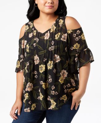 Style & Co - Plus Size Printed Pleated Cold-Shoulder Top
