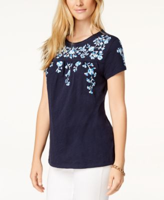 Charter Club Womens Cotton Lace Embellished T Shirt Turq Aqua Size X Small