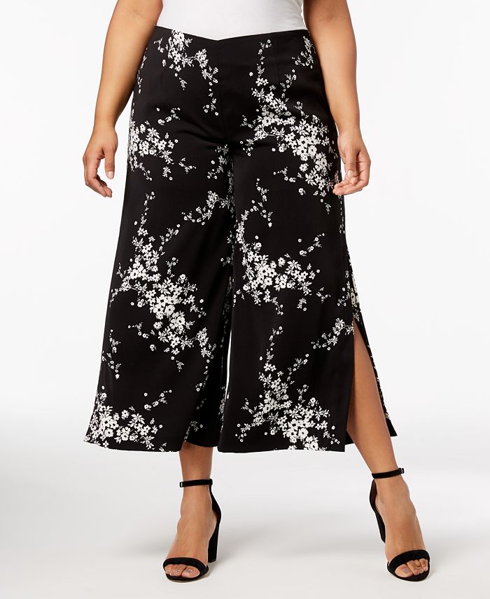 NY Collection Plus & Petite Plus Size Printed Slit-Cuff Culottes - Macy's