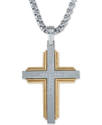 24 Inch Stainless Steel Polished With 14k Gold Diamond Cross Anchor Necklace