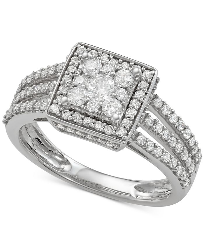 Macy's Diamond Square Cluster Three-Row Engagement Ring (1 ct. t.w.) in ...