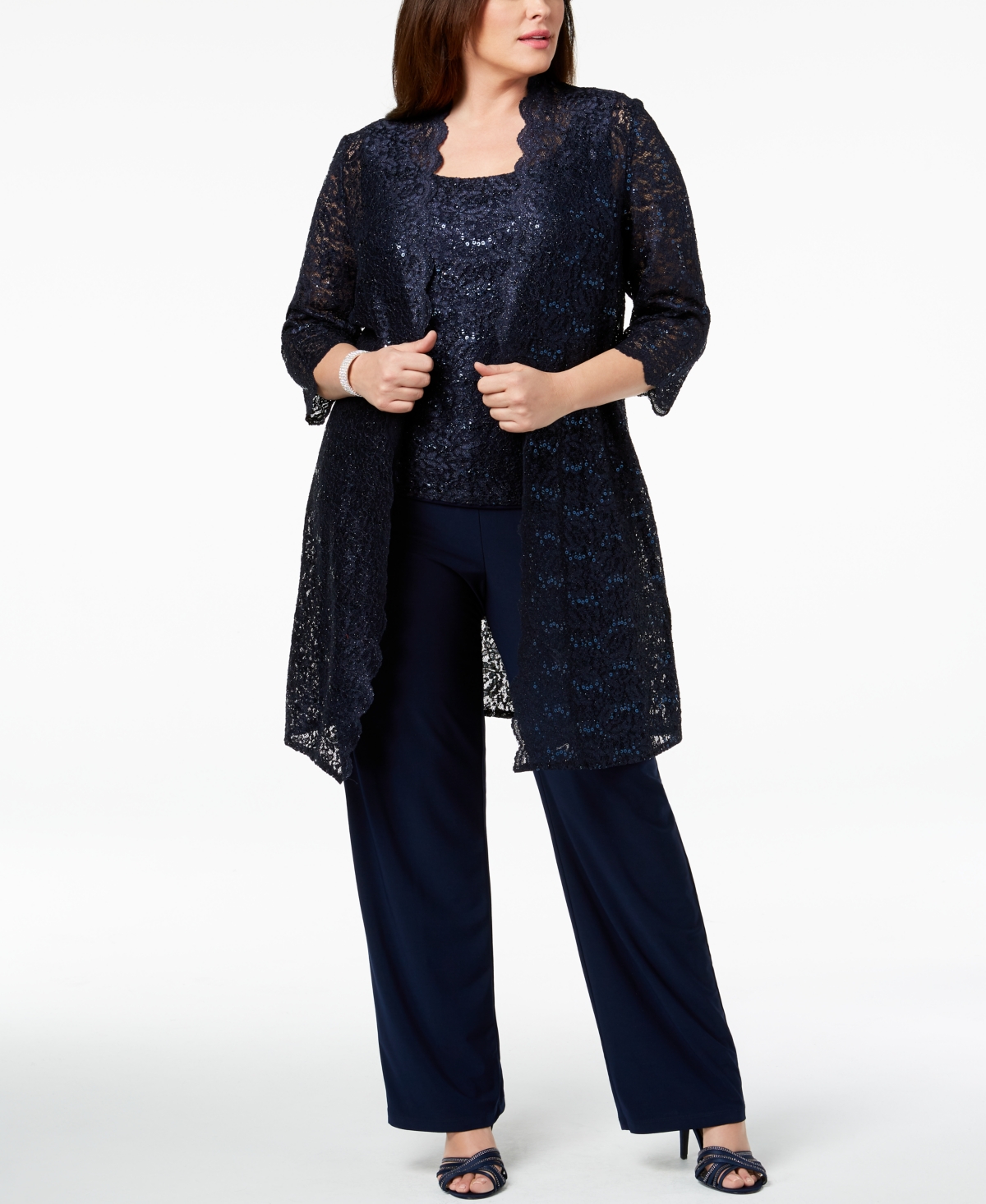 R & M Richards 3-Pc. Plus Size Sequined Lace Pantsuit & Shell