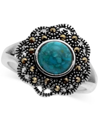 Macy's - Marcasite and Manufactured Turquoise Filigree Ring in Fine Silver-Plate