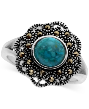 image of Marcasite and Manufactured Turquoise Filigree Ring in Fine Silver-Plate