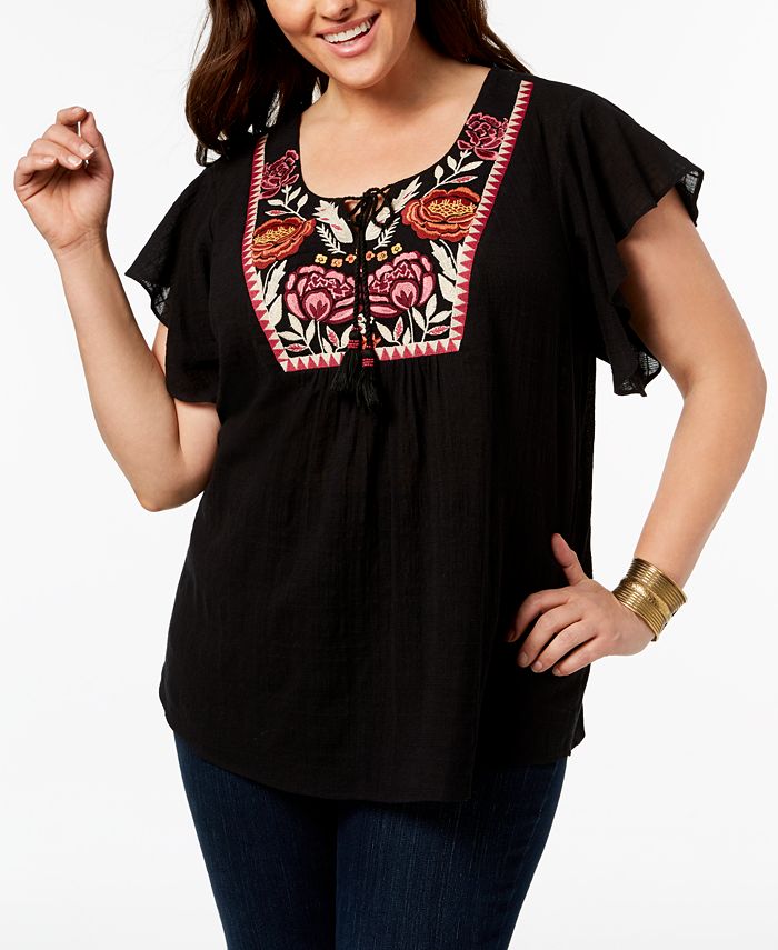Style & Co Plus Size Cotton Gauze Embroidered Peasant Top, Created for