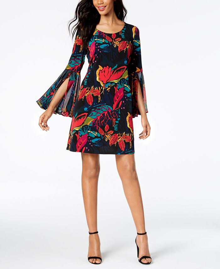 MSK Floral-Print Bell-Sleeve Shift Dress - Macy's