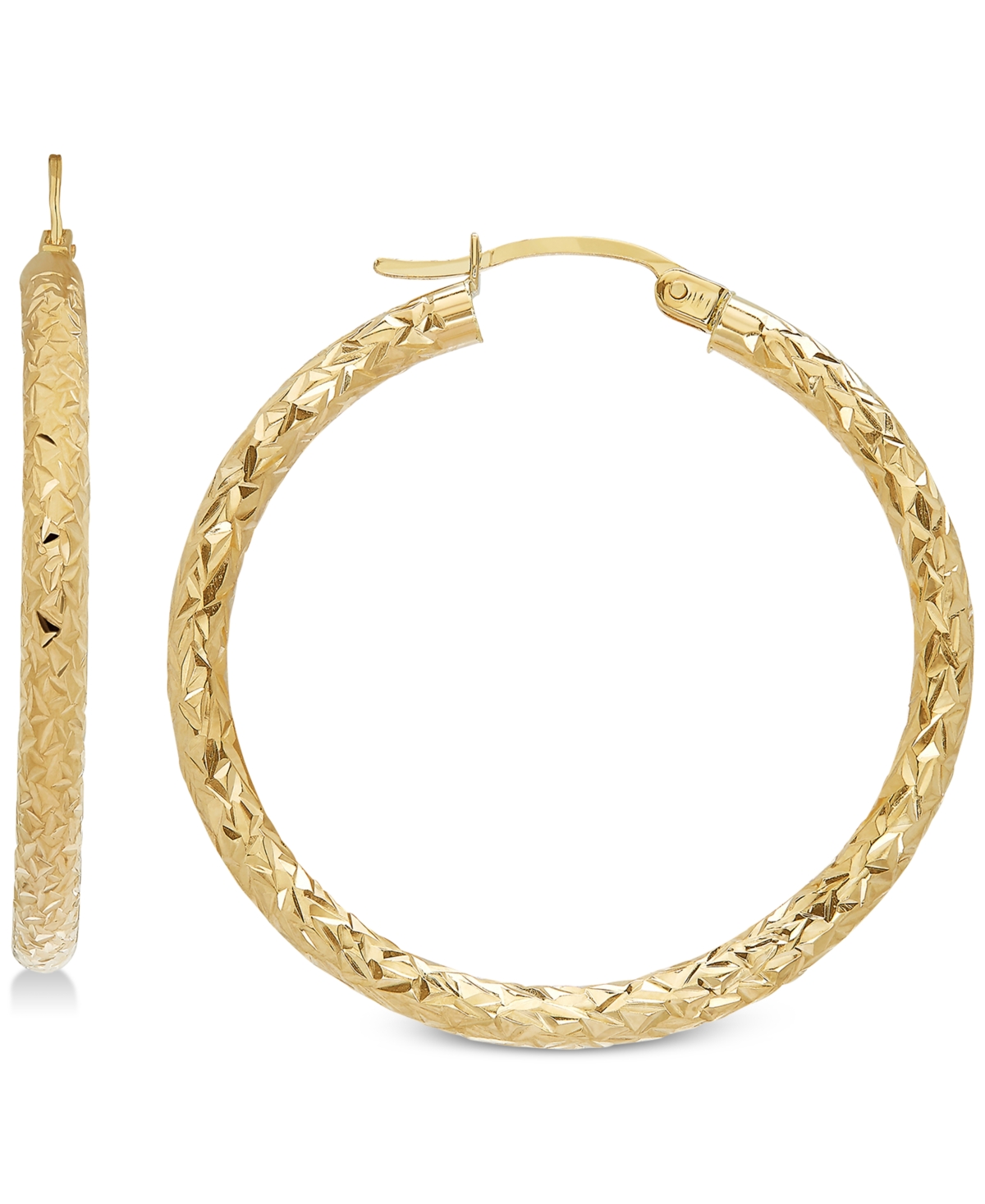 Italian Gold Textured Hoop Earrings in 14k Gold, 1 3/8 inch