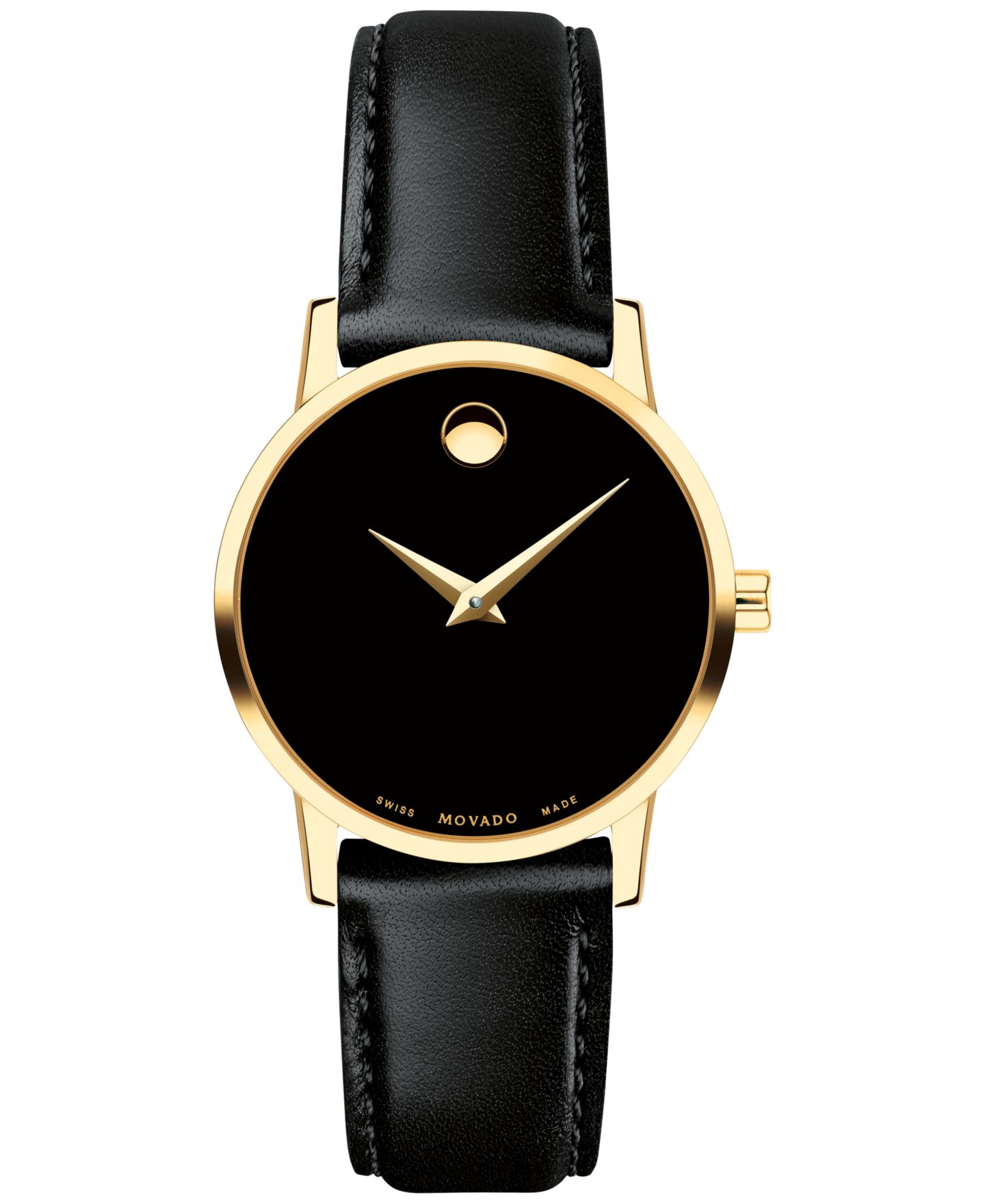 Женские часы Movado Swiss Museum Classic Black Leather Strap Watch 28mm, цвет: Чёрный / Золотой чёрный — фото 1