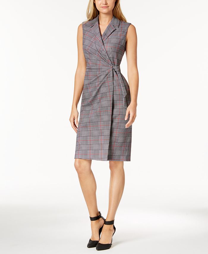 Calvin Klein Houndstooth Faux-Wrap Dress - Macy's