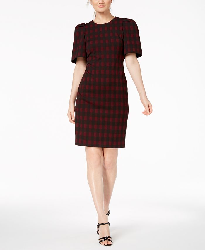 Calvin Klein Checked Puff-Sleeve Sheath Dress - Macy's