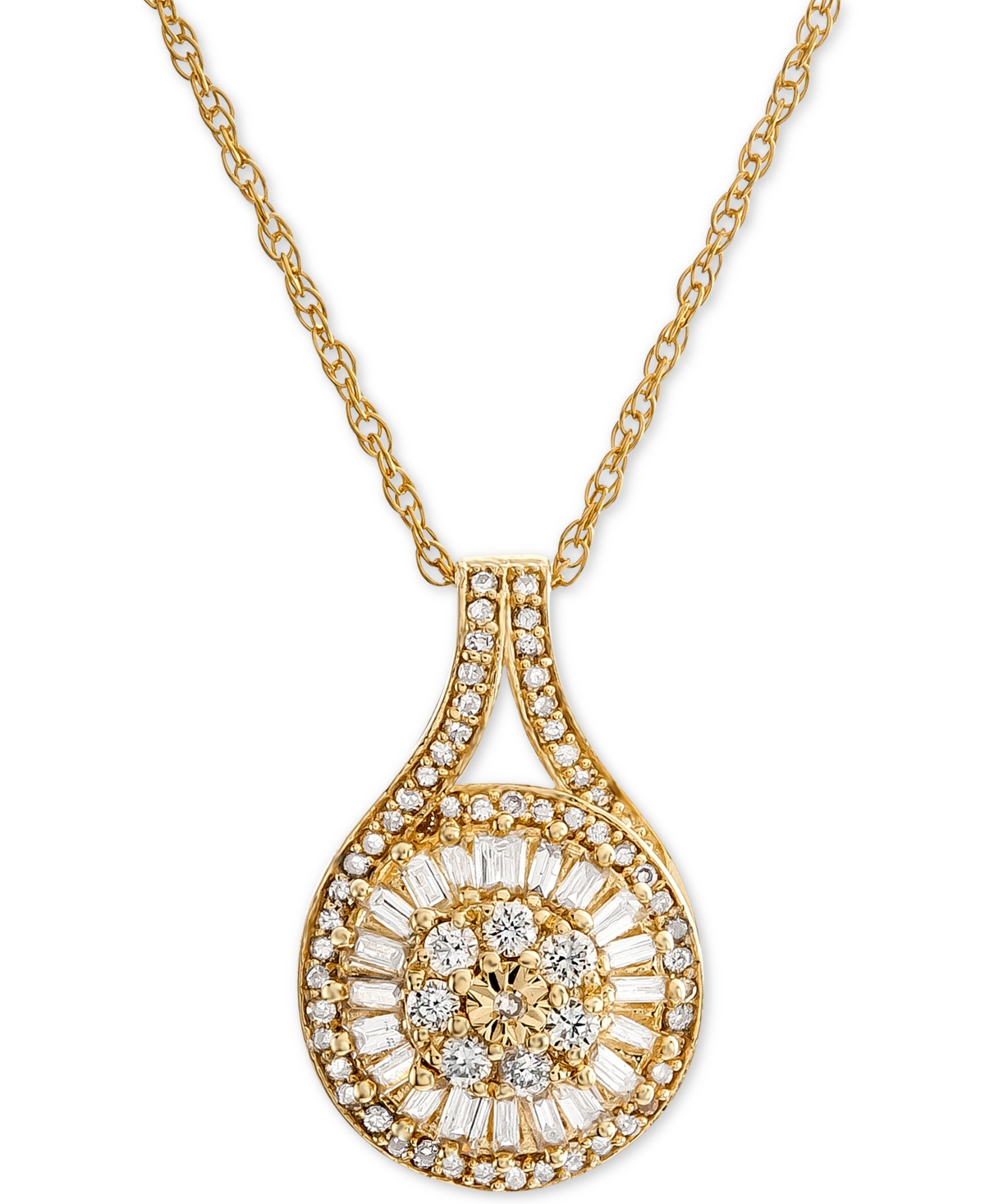 Macy's Diamond Baguette Cluster Pendant Necklace (1/2 Ct. T.w.) In Yellow Gold,silver