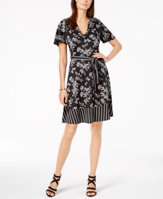 Monteau - Petite Belted Mixed-Print Dress