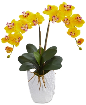 Nearly Natural Double Phalaenopsis Orchid Artificial Arrangement In White Ceramic Vase In Yellow