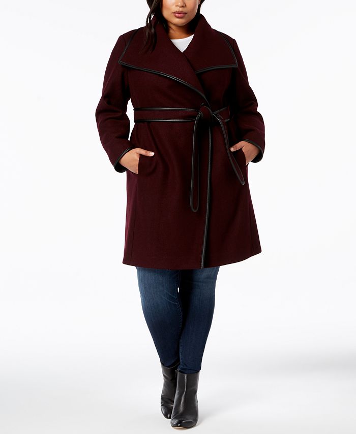 дял Dkny Plus Size Coats, Dkny Belted Faux Leather Trim Hooded Trench Coat
