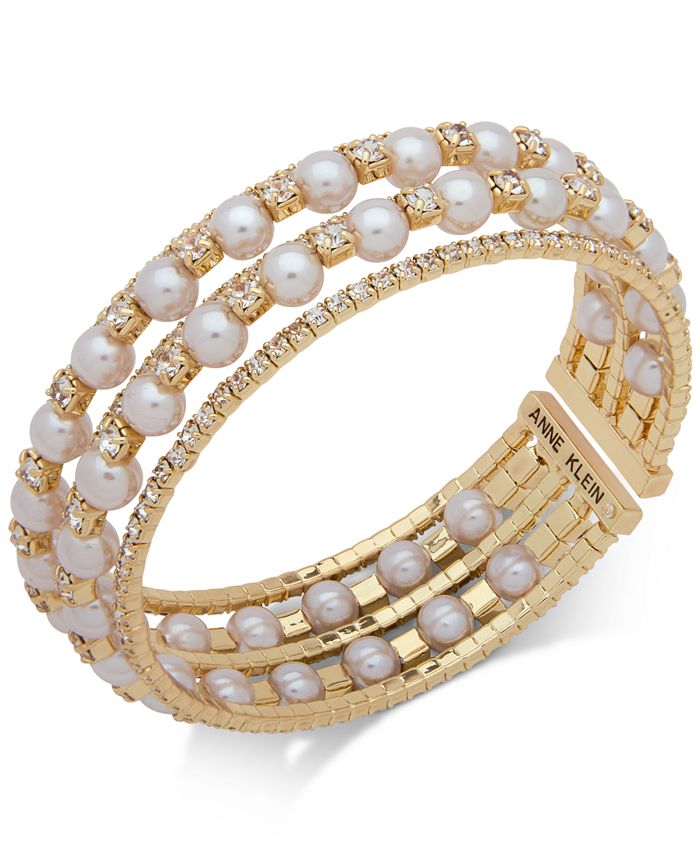 Anne Klein Gold-Tone Crystal & Imitation Pearl Multi-Row Cuff Bracelet ...