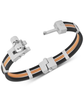 Macy's Men's Orange & Black Vulcanized Rubber Bracelet In Stainless ...