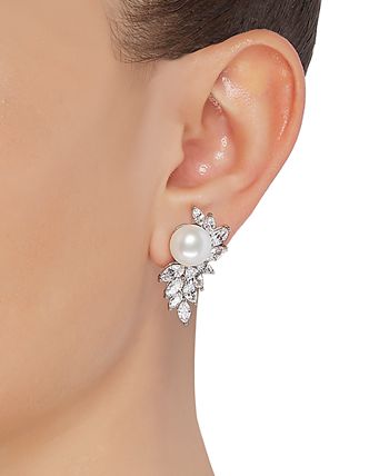 Arabella - Cultured Freshwater Pearl (10mm) & Cubic Zirconia Drop Earrings in Sterling Silver