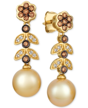 image of Le Vian Cultured Golden South Sea Pearl (9mm) & Diamond (1/2 ct. t.w.) Drop Earrings in 14k Gold