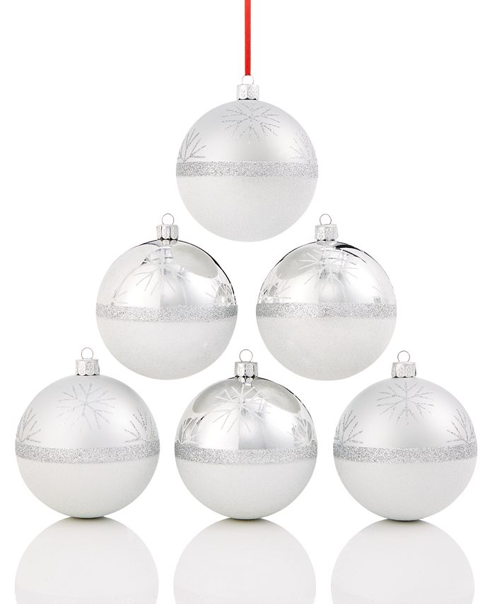 Holiday Lane White Silver Snowflake Pattern Balls, Set of 6, Created ...