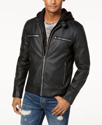 GUESS Men's Faux Leather Detachable Hood Motorcycle Jacket   Macy's