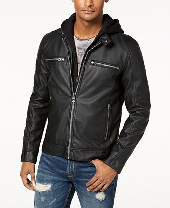 GUESS Faux-Leather Detachable-Hood Motorcycle Jacket -