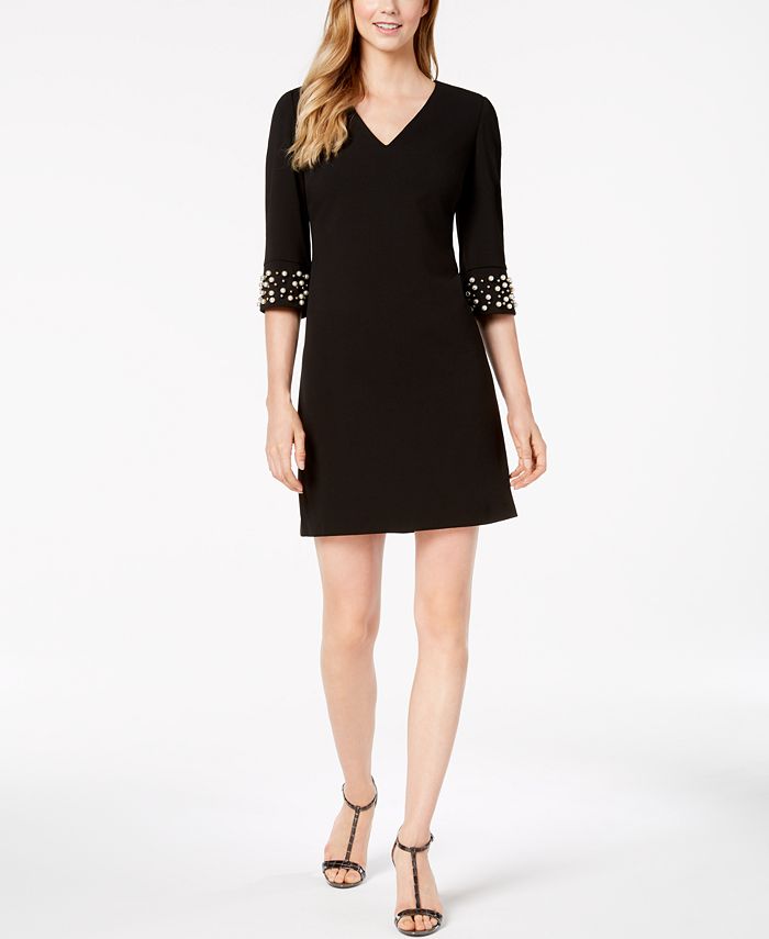 Calvin Klein Petite V-Neck Embellished-Sleeve Dress - Macy's