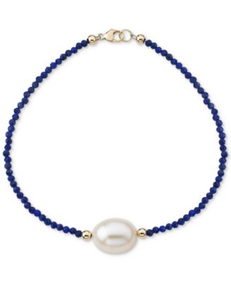 Macy's - Cultured Freshwater Pearl (10mm) & Lapis Lazuli (2mm) Bracelet in 14k Gold