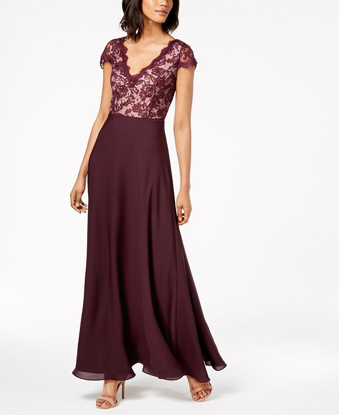 Calvin Klein V-Neck Lace & Chiffon Gown - Macy's