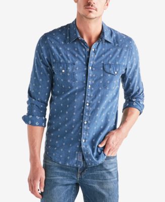 Lucky Brand Men's Plaid Dobby Western Shirt - Short Sleeve Snap Button Casual Top