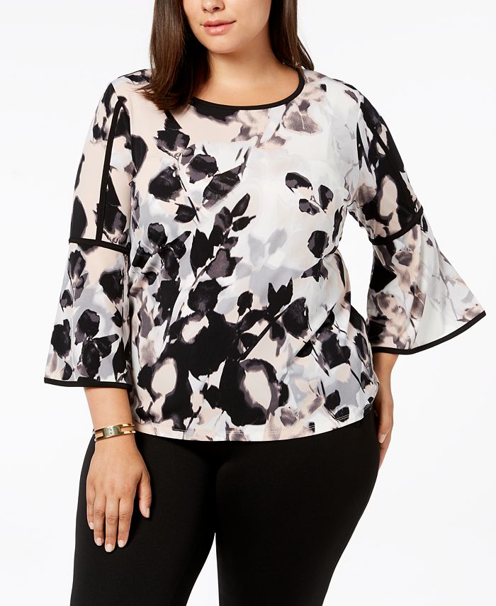 Calvin Klein Printed Bell Sleeve With Piping & Reviews - Tops - Plus ...
