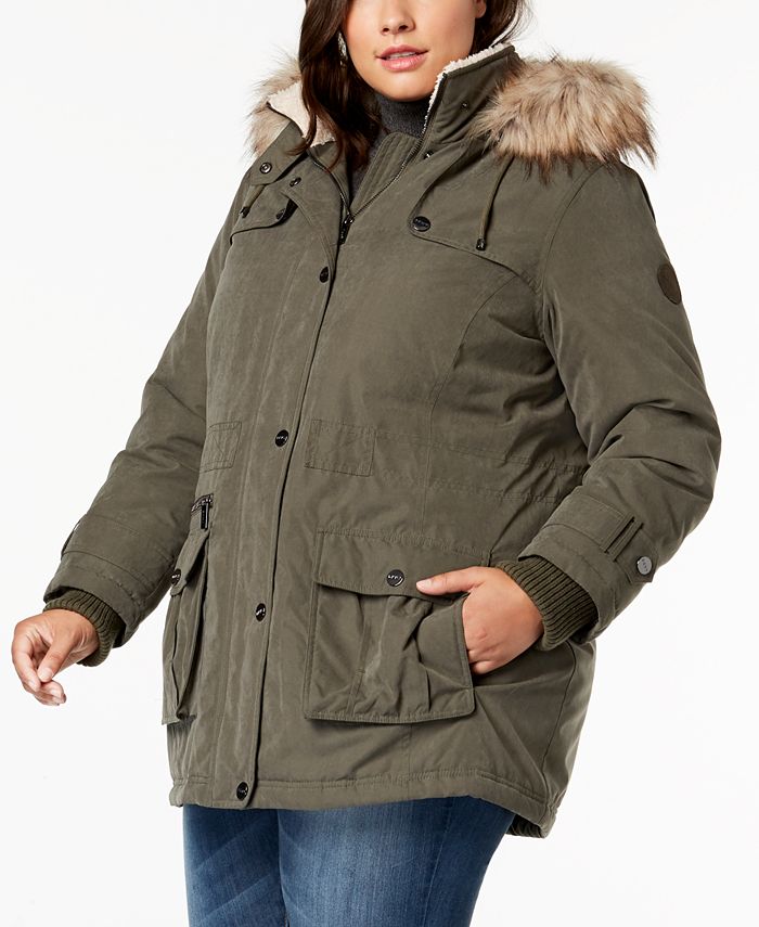 copper key quilted faux fur hooded anorak coat