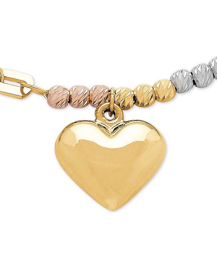 Macy's Tricolor Beaded Heart Charm Bracelet in 10k Gold, White Gold