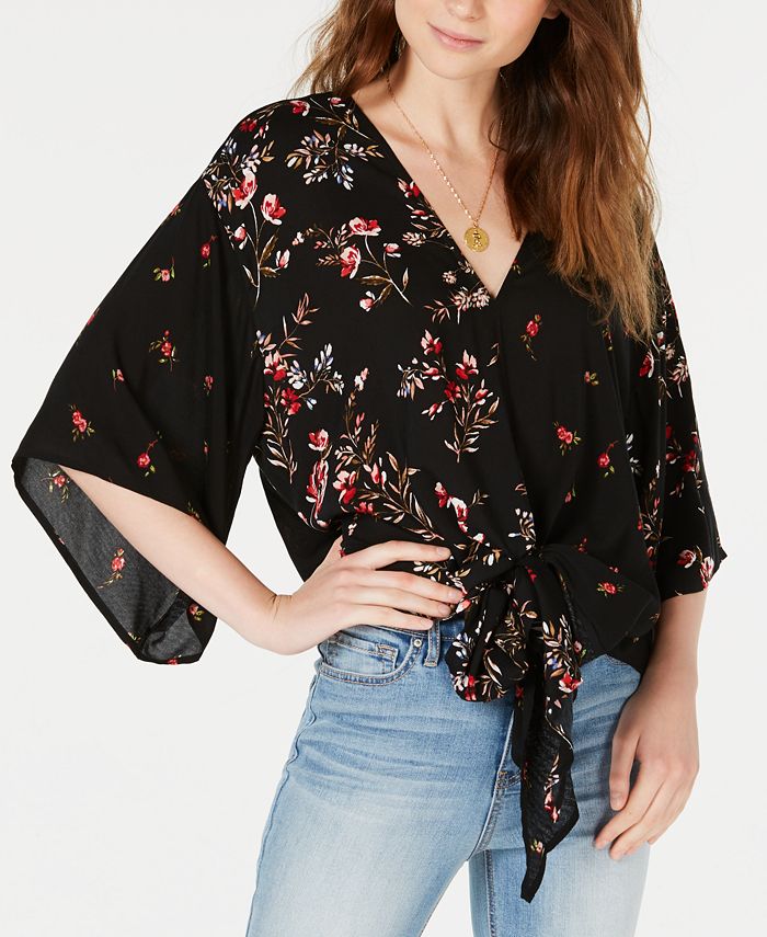 Polly & Esther Juniors' Printed Tie-Front Dolman Top - Macy's